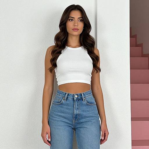 Photograph of a young woman with long, wavy brown hair, wearing a white crop top and blue high-waisted jeans, standing against a