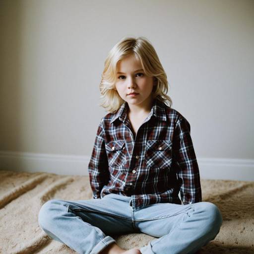 Blond Boy in Plaid Shirt Sitting Cross-Legged Indoors