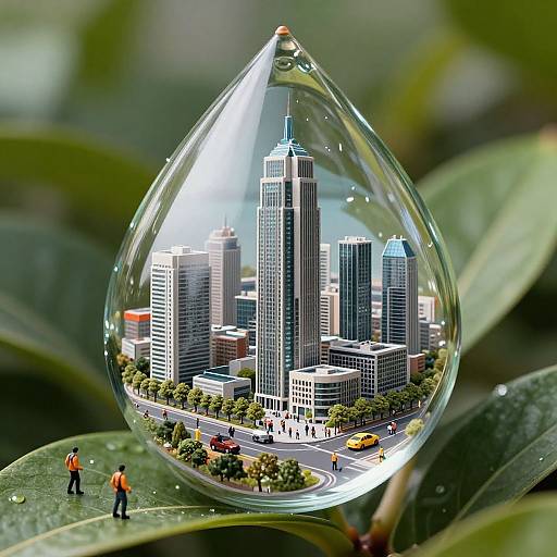 Photograph of a cityscape inside a dewdrop, featuring miniature skyscrapers, cars, trees, and people on a leafy green background.