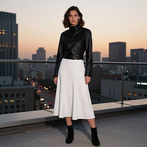 Photograph of a woman with dark hair in a black leather top, white midi skirt, and black ankle boots, standing on a rooftop at sunset with