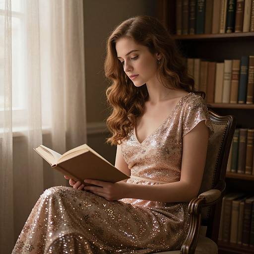 Photograph of a fair-skinned woman with long brown hair, wearing a shimmering, sequined pink dress, reading a book in a dimly