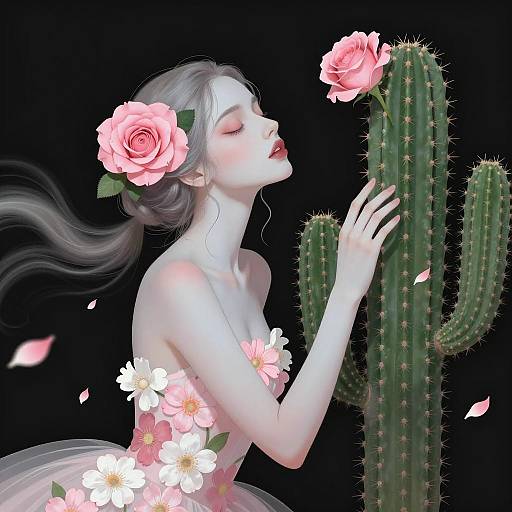 Woman with Cactus and Floral Elements