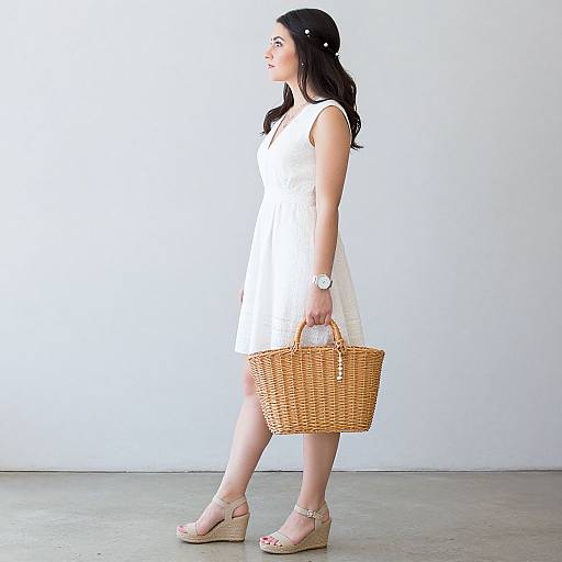Photograph of a woman in a white sleeveless dress, beige wedge sandals, holding a woven basket, standing against a plain white wall.