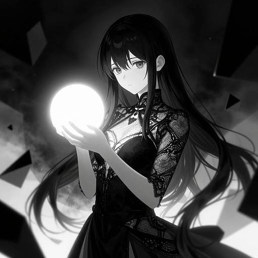 Mysterious anime girl with long black hair holding a glowing orb, wearing a lace dress, in a dark, geometric background. Digital black-and-white artwork
