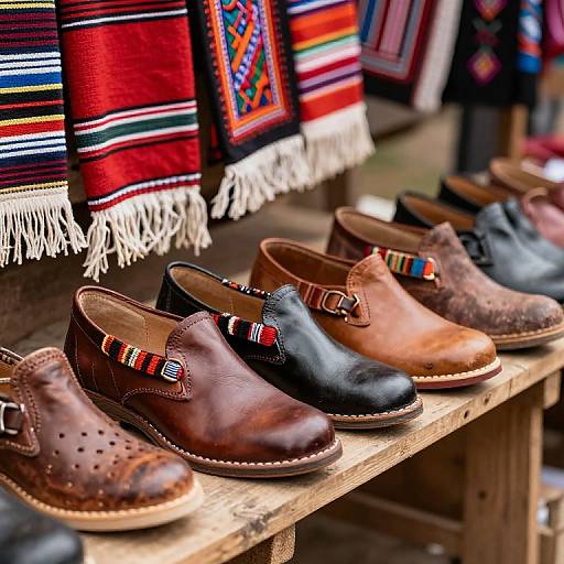 Handcrafted Huarache Shoes on Wooden Market Stall