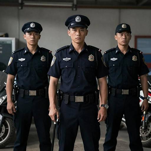 Three Male Police Officers in Dark Uniforms