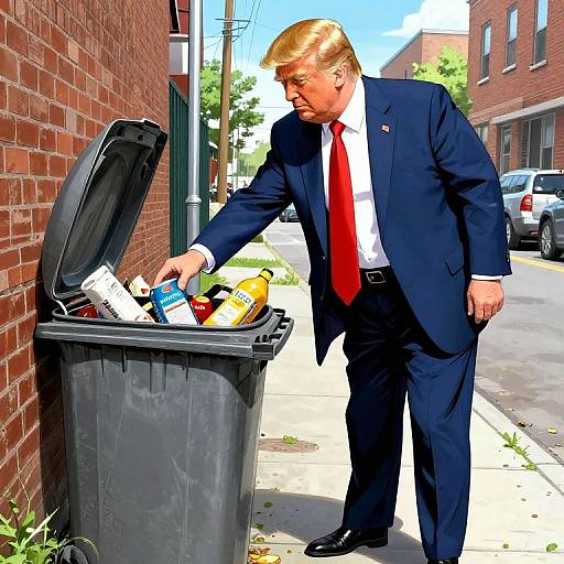 Photograph of Donald Trump in a dark navy suit, red tie, white shirt, and black shoes, throwing trash into a black garbage bin on a