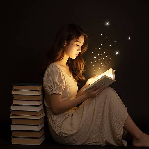 Photograph of a young woman with long brown hair, wearing a light beige dress, reading a glowing book against a black background, surrounded by sparkling stars