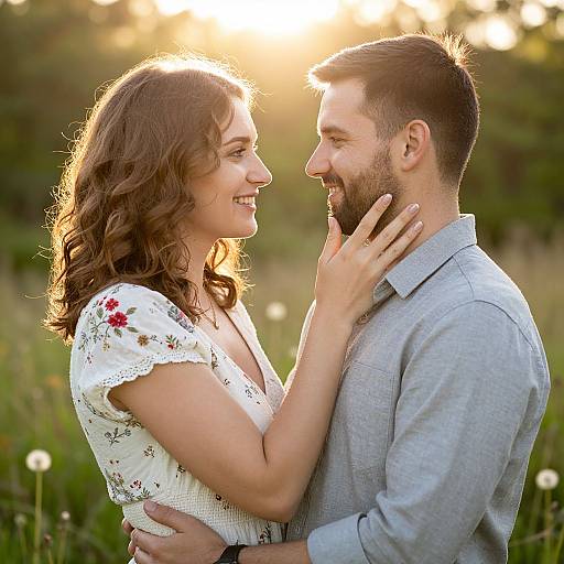Photograph of a smiling couple in a sunlit meadow, the woman with wavy brown hair in a white floral dress, the bearded man