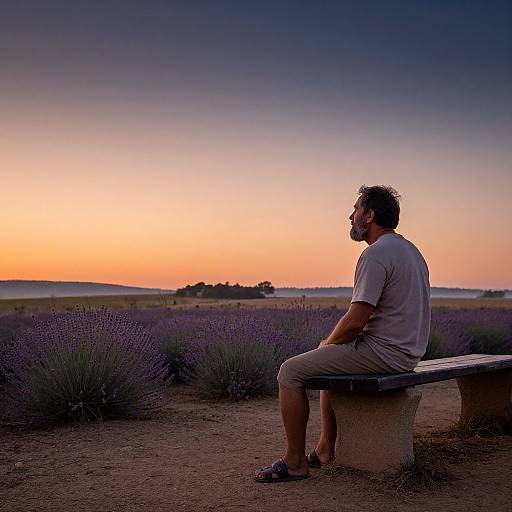 Photograph of a bearded man in a gray t-shirt and shorts sitting on a bench, gazing at a vibrant sunset over a lavender field.