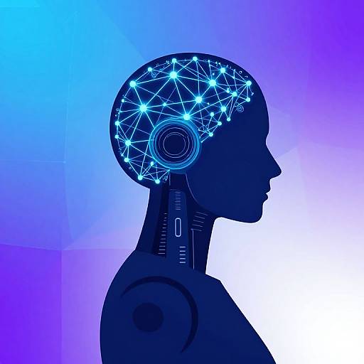 Silhouette of a human head with glowing blue neural network patterns in the brain, set against a gradient purple and blue background. Digital illustration.