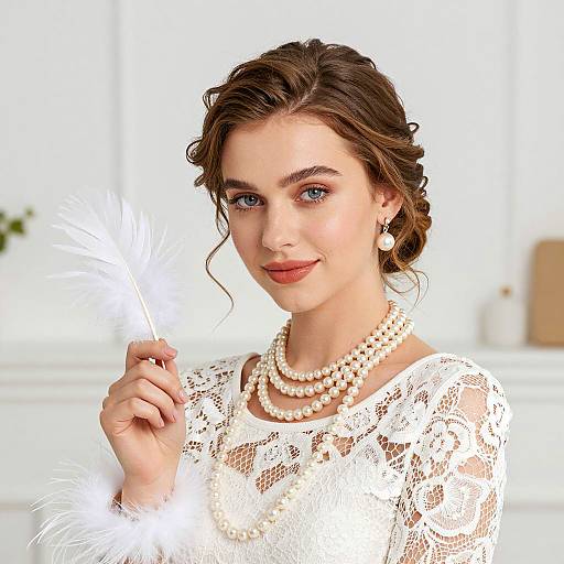 Elegant Woman in Pearls and Feathers