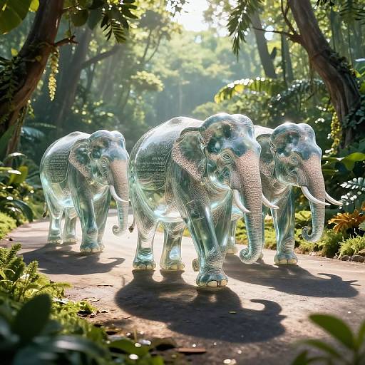 Photorealistic CGI of three glowing, transparent elephants with mesh patterns standing on a forest path, surrounded by lush greenery. Sunlight filters through trees