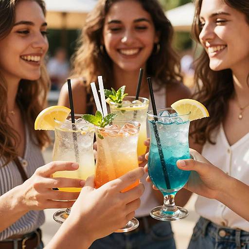 Three Friends Cheers With Summer Cocktails
