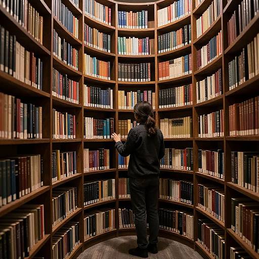 Woman browsing books in circular library shelves