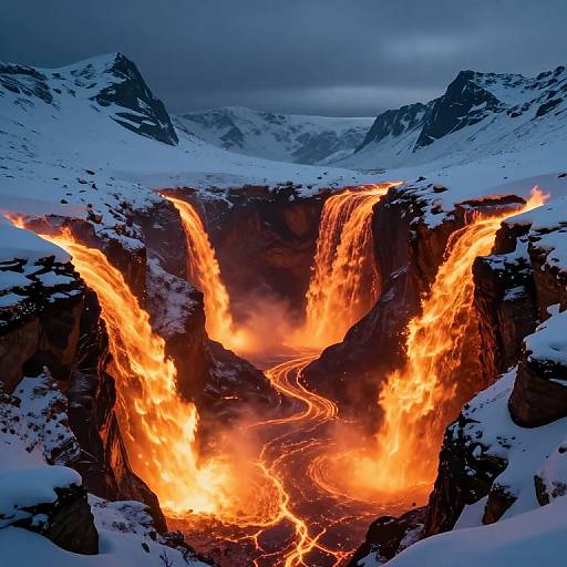 Photograph of a dramatic, snow-covered mountain gorge with bright, fiery orange lava flows cascading from steep cliffs under a cloudy sky.