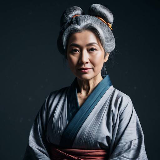 Elderly Woman in Traditional Kimono with Gray Bun Hairstyle