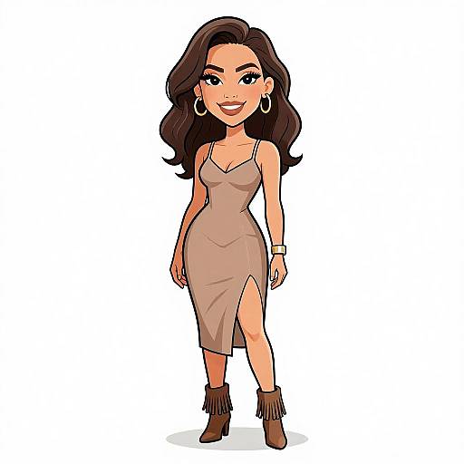 Cartoon-style drawing of a confident woman with long brown hair, wearing a beige dress, hoop earrings, bracelet, and brown fringed boots.