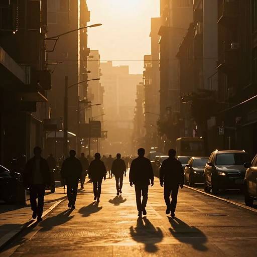 Photograph: Silhouetted pedestrians walk down a sunlit urban street at sunset, casting long shadows, with cars parked on both sides.