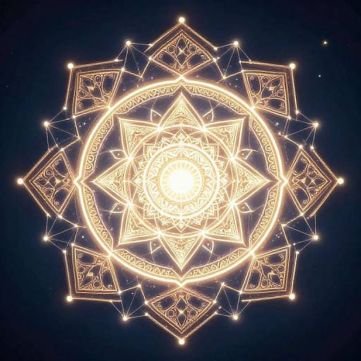 Bright, intricate, glowing mandala with star and geometric patterns, outlined in golden lines, set against a deep blue background. Digital artwork.