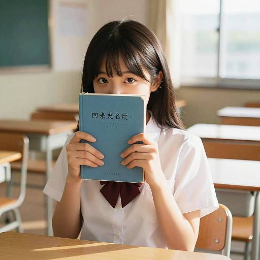 Innocent Schoolgirl Hiding Behind Book