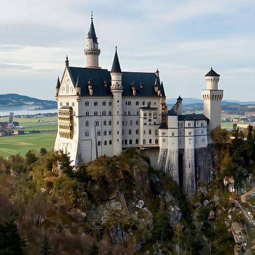 Photograph of a towering, beige, medieval-style castle with multiple turrets and dark roofs, surrounded by lush greenery and distant hills.