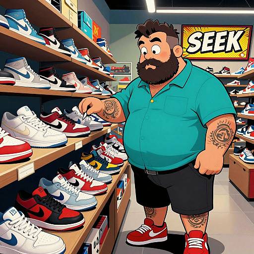 Cartoon-style illustration of a bearded, tattooed, chubby man in a blue shirt and black shorts, browsing sneakers in a brightly lit store.