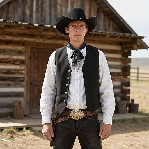 Wild West Cowboy in Front of Cabin