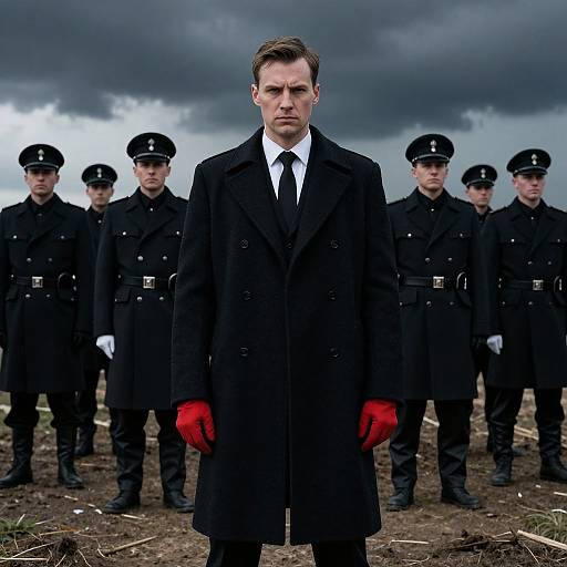 Intense Man with Red Glove and Military Group