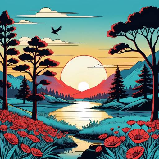 Sunset over Mountain River with Poppies