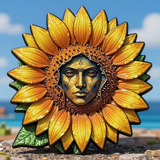 Sunflower sculpture with a golden, human-like face at the center, set against a bright blue sky and ocean background. Digital artwork.