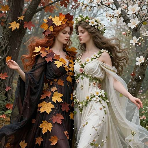 Digital fantasy art: Two ethereal women, one with red hair and autumn leaves, the other with brown hair and white flowers, standing in a forest
