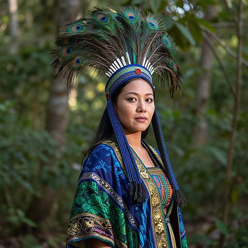 Photograph of an indigenous woman with dark hair, wearing a peacock feather headdress, blue and green embroidered traditional dress, standing in a lush forest