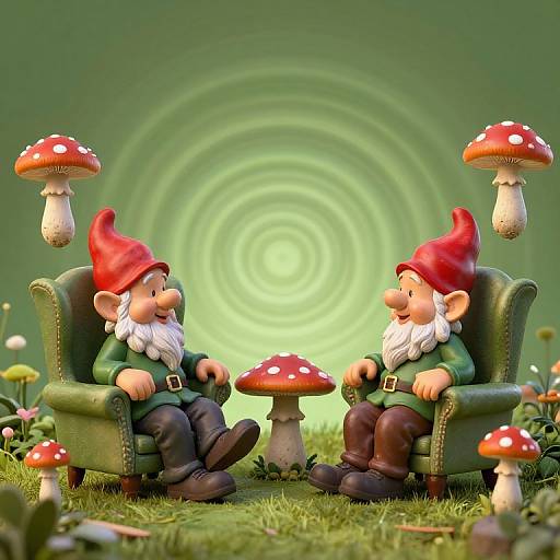 Photograph of two whimsical gnomes in red hats, green shirts, and brown pants, seated on green chairs, surrounded by floating red mushrooms