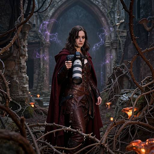Photograph-style digital art: Dark-haired woman in red cloak, black-and-white striped shirt, holding gun, surrounded by glowing mushrooms, and electric purple