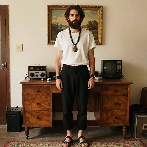 Photograph of a bearded man with curly hair, wearing a white t-shirt, black pants, black sandals, and bead necklaces, standing in