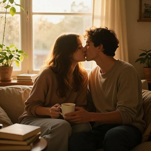 Photograph of a couple kissing on a sunlit couch, both wearing casual clothes, holding a mug, with potted plants in the background.