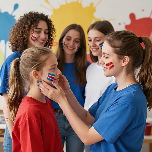 Women Applying Face Paint in Colorful Setting