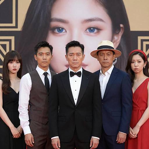 Group Portrait in Formal Attire with Blue-Eyed Backdrop