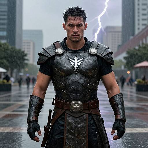 Photorealistic CGI of a muscular, dark-haired man in black armored suit with white emblem, standing in rainy cityscape with lightning.