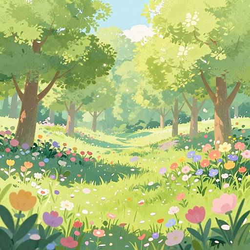 Bright, sunlit forest path lined with colorful flowers, tall green trees, and dappled sunlight creating a serene, picturesque scene. Digital illustration.