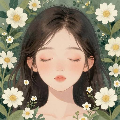 Digital painting of a serene young woman with closed eyes, surrounded by white daisies and green foliage, featuring soft, pastel colors.