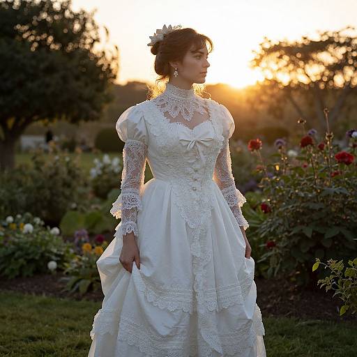 Photograph of a bride in a white lace dress with puffed sleeves, standing in a garden at sunset, surrounded by colorful flowers.