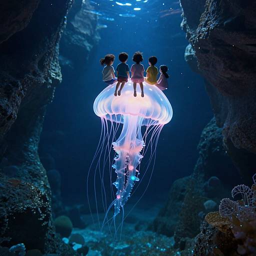 Photograph of six small, silhouetted children sitting on a glowing, blue and white jellyfish in a dark, underwater cave with colorful coral