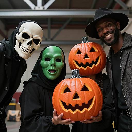 Group in Halloween Costumes with Jack-o'-Lanterns