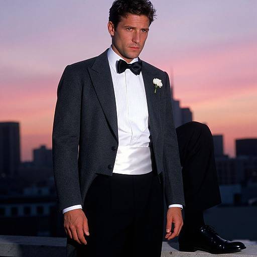 Photograph of a handsome man with short dark hair, wearing a black tuxedo, white shirt, black bow tie, and white rose bouton