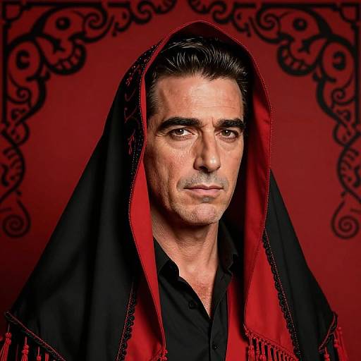 Photograph of a serious-looking middle-aged man with dark hair, wearing a black and red hooded cloak, against a red ornate background.