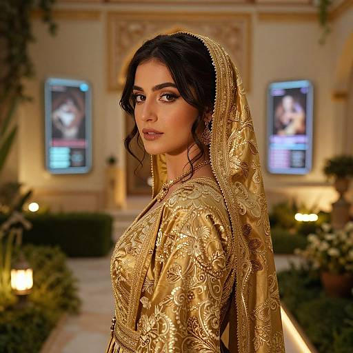 Photograph of a beautiful Indian woman with dark hair, wearing an ornate golden traditional dress and veil, standing in a warmly lit, elegant room with