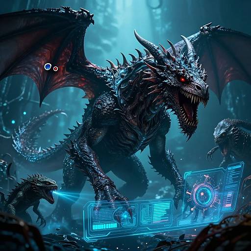 Digital fantasy artwork of a fierce, black-scaled dragon with glowing red eyes, large wings, and sharp teeth, standing on a glowing blue holographic