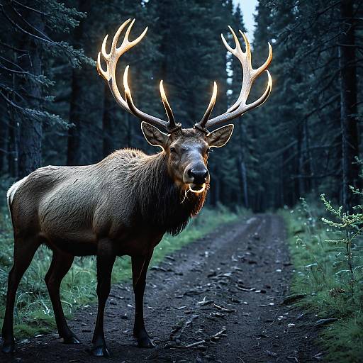Elk with Luminous Antlers in Forest